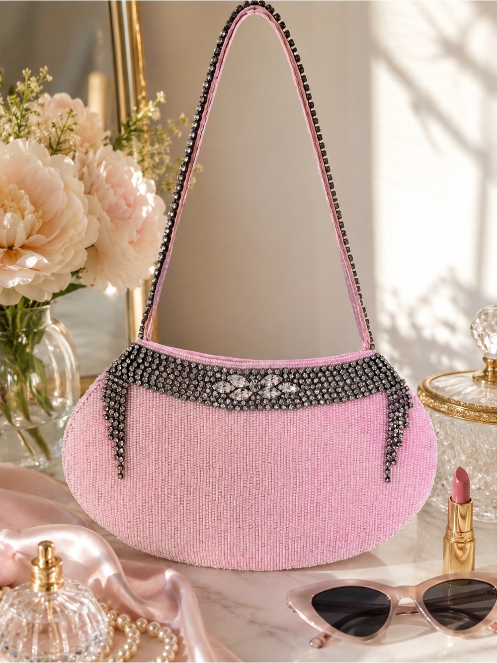 Vintage Y2K Pink Beaded Rhinestone Shoulder Bag Coquette Barbiecore Mini Purse